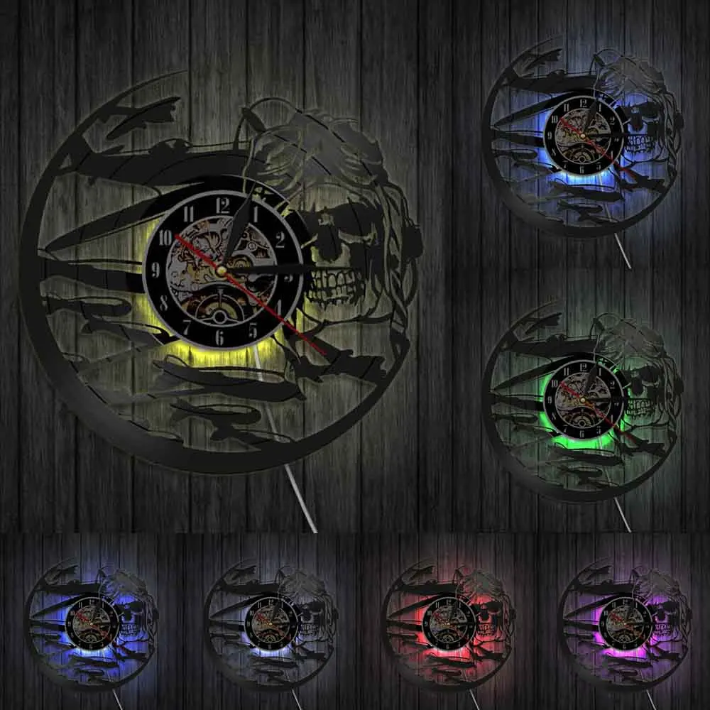 Retro Pilot Skull Wall Clock Aviator Skeleton Vinyl Record Airplane Flying Jet Helmet Hipster Goggles Deco | Дом и сад