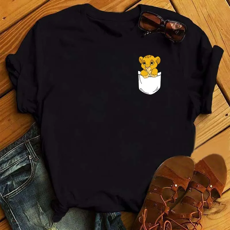 

Cute Lion King Pocket Print Women T Shirt Harajuku Women's Clothes Streetwear Kawaii T Shirt Cartoon Graphic Tees Disney T-shirt