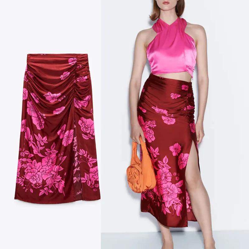 

2021 Floral Print Draped Midi Skirt Women High Waist Gathered Vintage Summer Skirts Female Chic Back Zip Ruching Skirts