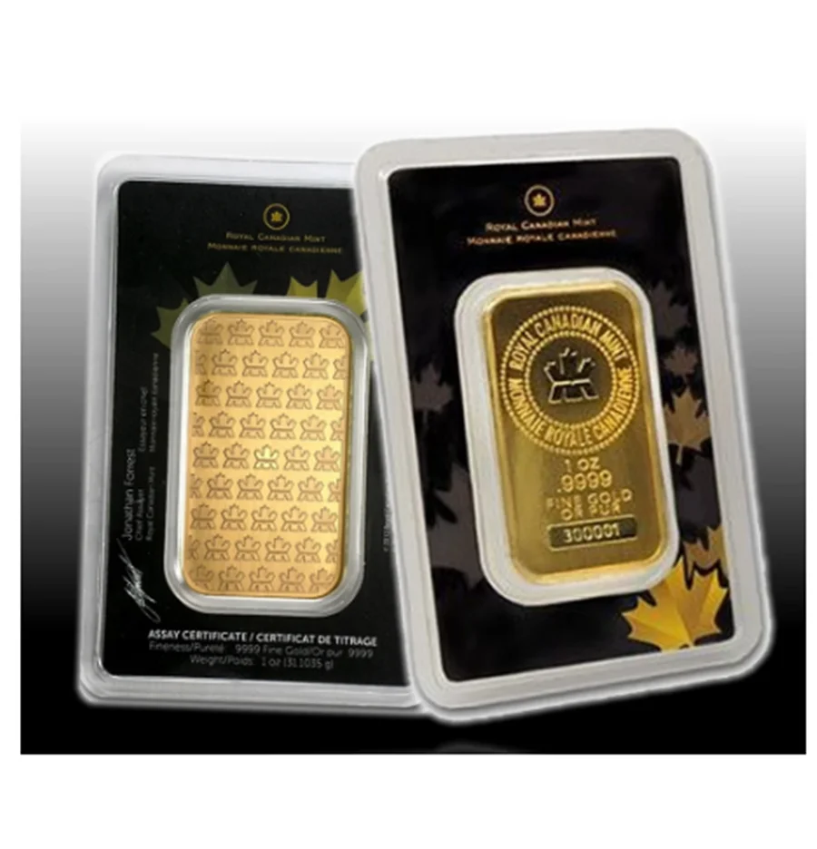 

1 oz Gold Bar Royal Canadian Mint RCM 999Gold-plated Sealed in Assay.Blister Individual Serial Number Replica Not Magnetic