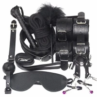bdsm sex bondage set 10 pcs leather sm bdsm game handcuffs whip rope mouth gag nipple clamps adult sex toys for couples