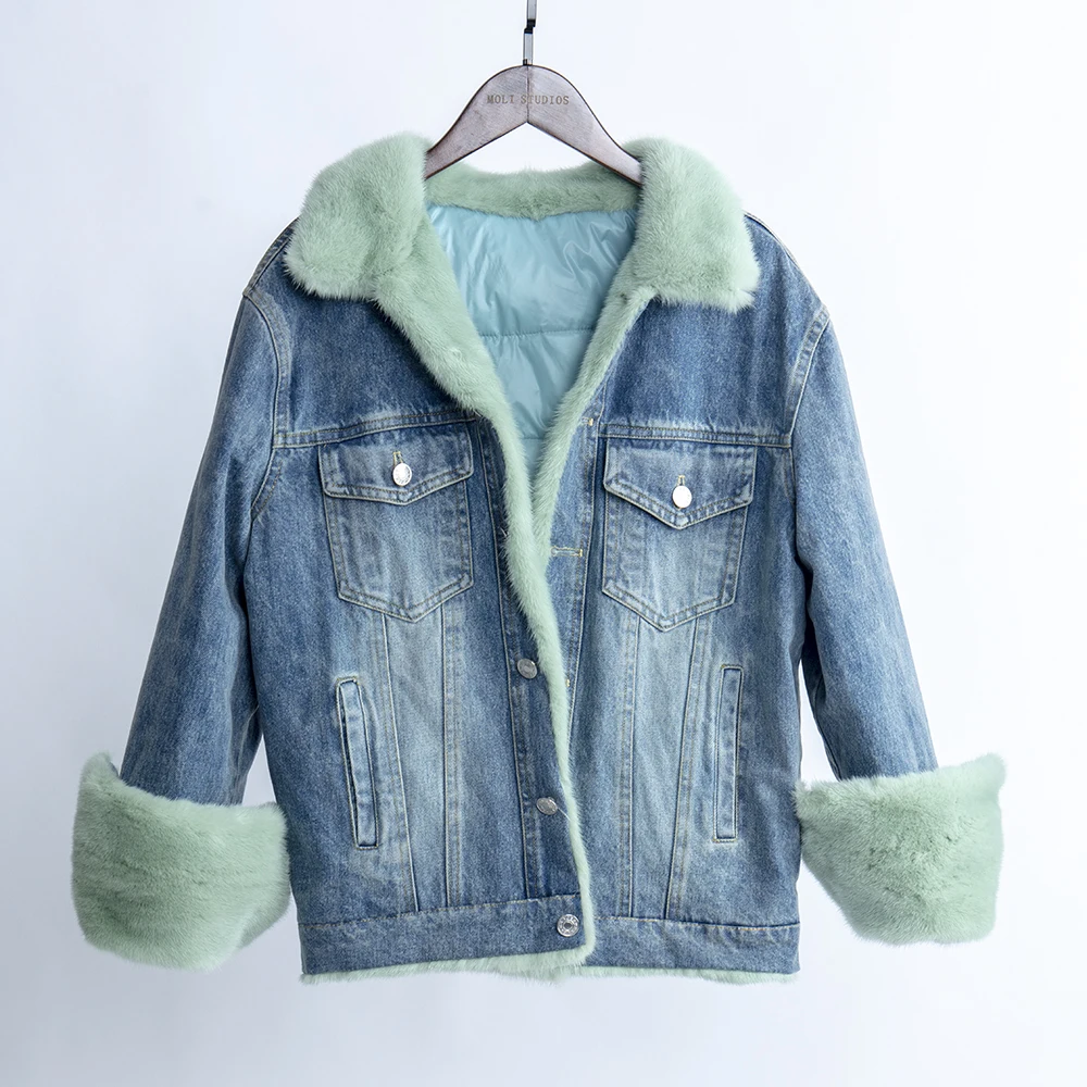 

Real mink denim jacket with fur and white duck down lining 2020 winter coat women plus size casual luxury clothes