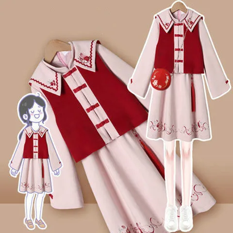 

Женское платье ханьфу в традиционном китайском стиле большого размера, улучшенный жилет средней длины, юбка, костюм из двух частей, чонсам, ...