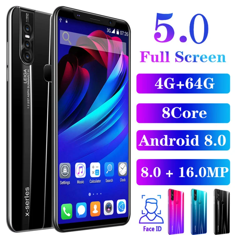 

X27 5.0 Inch Full Screen 4GB+64GB Andriod 8.0 Smart Phone 8 Core 8+16MP Dual SIM And SD Card Face ID Mobile Phone Global Version