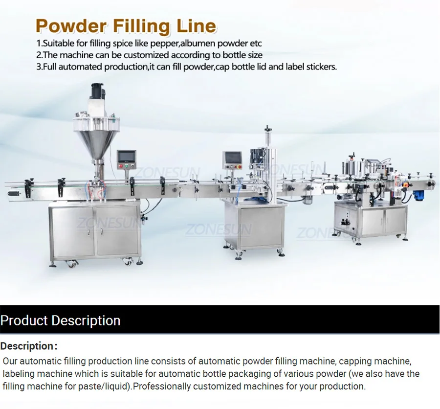 ZONESUN Powder Filling Capping Round Bottle Labeling Production Line