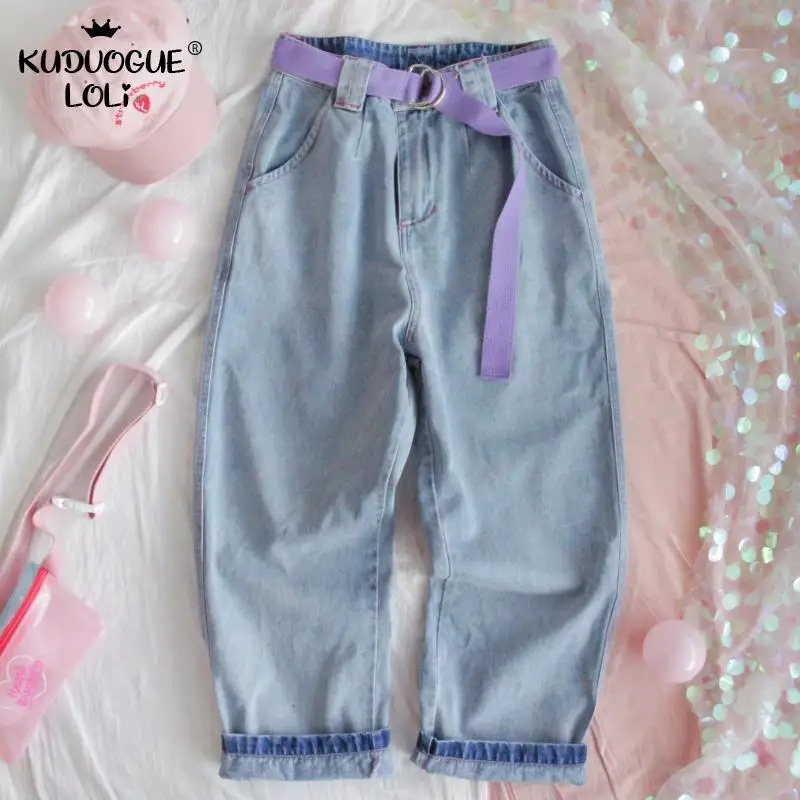 Харадзюку джинсовые штаны женские японские с высокой талией и карманами на