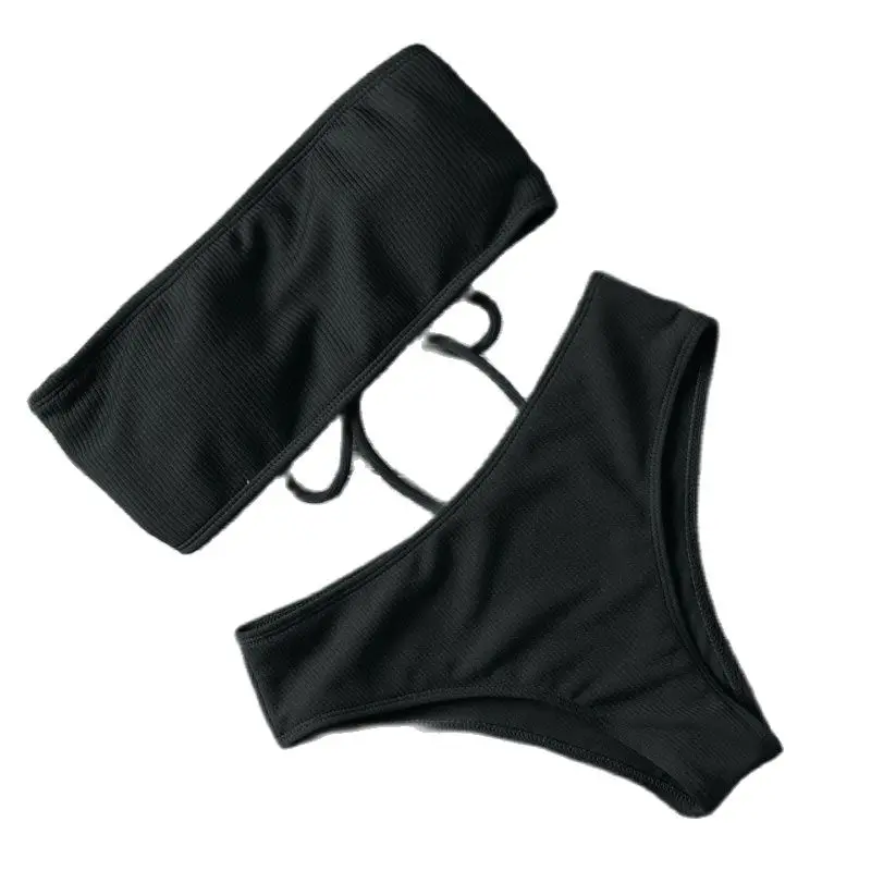 

2021 New Pure Color High Waist Strapless Sexy Bikini Swimwear Women Swimsuit Padded Bathing Suit