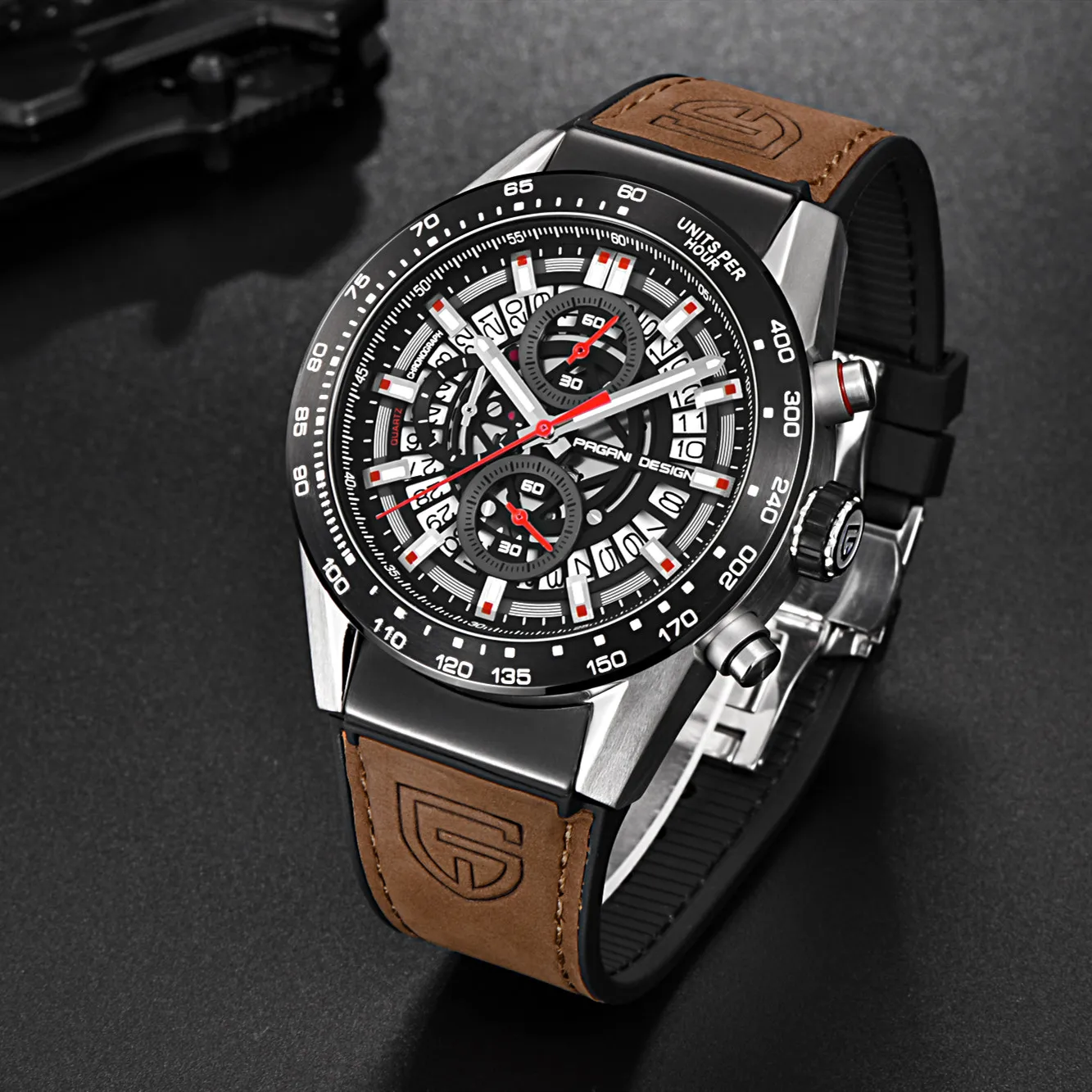 Часы-хронограф мужские Кварцевые водонепроницаемые с кожаным ремешком |