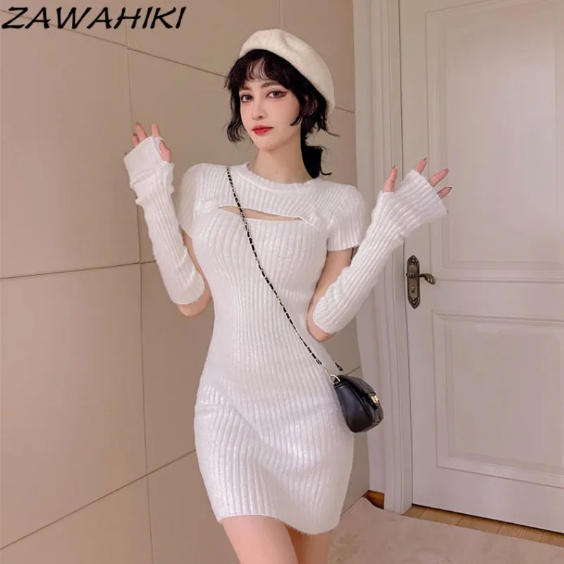 

ZAWAHIKI White Sexy Hollow Out Sweater Dresses Female 2021 Femme Robe Slim Ropa Mujer Autumn Winter New Bag Hip Knitted Dress