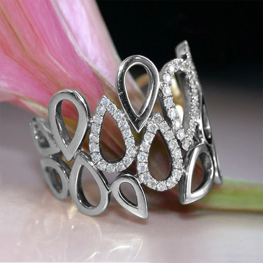 

JK Fashion Hollow Out Water Drop Linked Women Finger Ring Silver Color CZ Stylish Versatile Female Party Daily Wear Ring