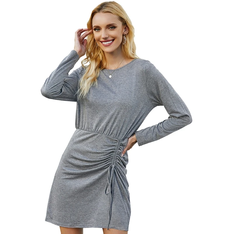 

Women Autumn Long Sleeve O-Neck A-Line Mini Dress Side Ruched Drawstring High Waist Solid Color Irregular Casual Slim Party Club