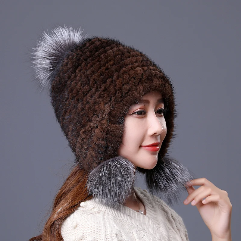 Real Mink Fur Hat For Women Winter Warm Christmas Earmuffs Cap With Fox Fur Pom Pom