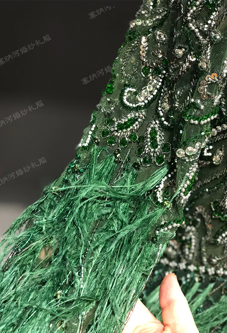 Rhine real Pictures Luxurious Long sleeves Drak Green with Feathers Crystal vestido de noiva arabic evening dresses