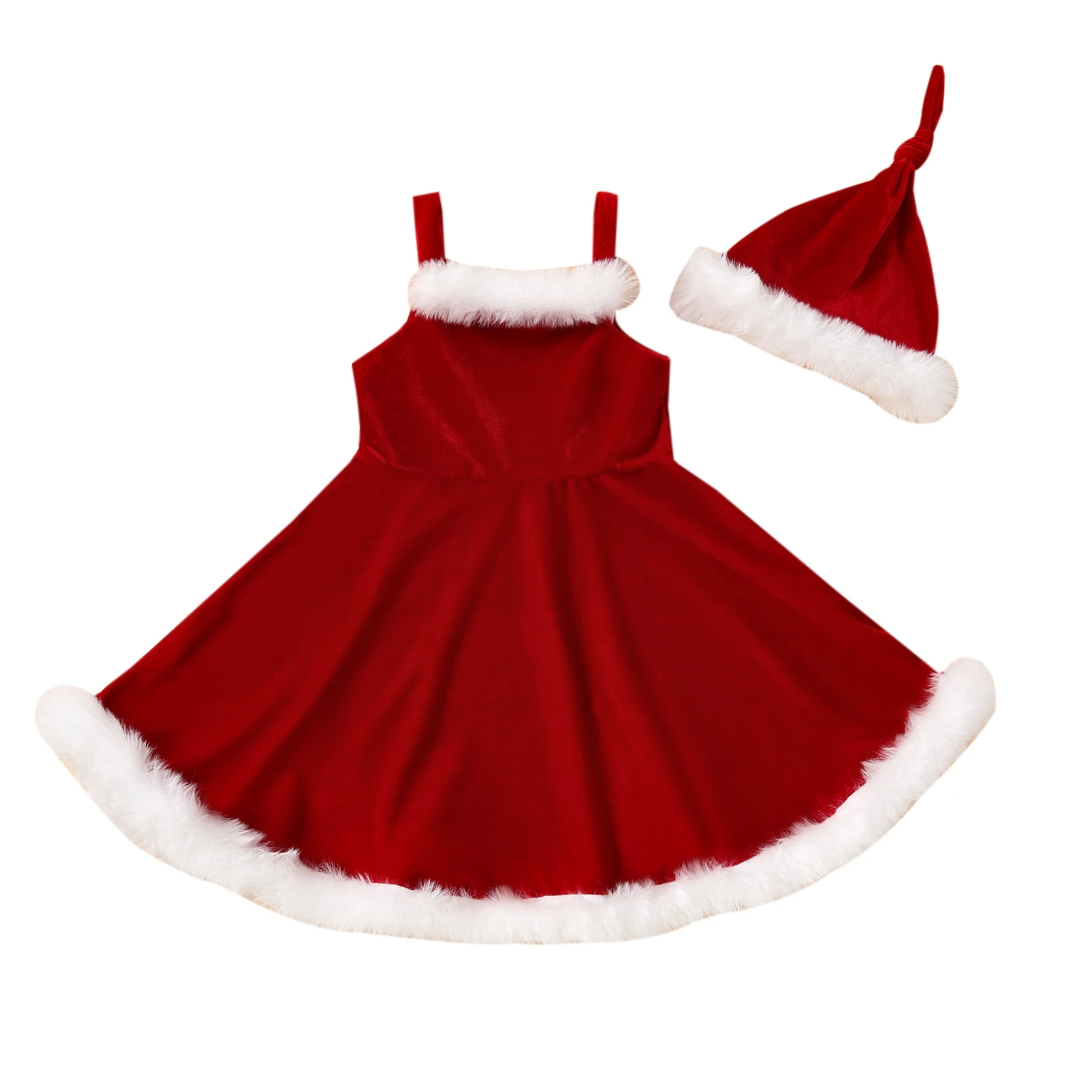 

Christmas Kids Dress Outfit Fluffy Stitching Spaghetti Strap Sleeveless Slip Dress Knotted Hat 2Pcs Outfits Girls 18M-6T