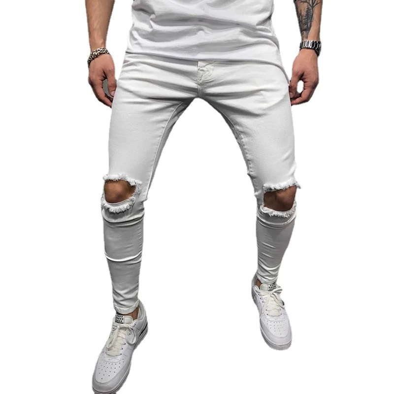 

Men's Tight Fashion Casual Solid Color Hole Mid-Waist Pencil Pants Pants Fashion Mens Clothing Skinny Men Pants 2021 New