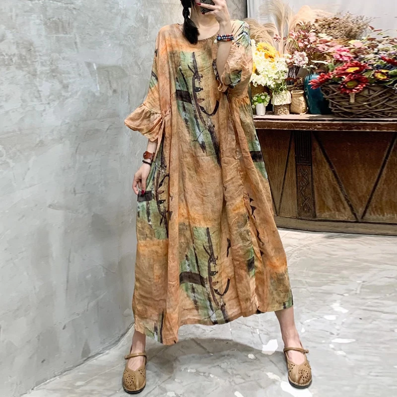 

Johnature Women Vintage Ramie Print Floral Dress Flare Sleeve Robes 2021 Summer New Women Clothes Chinese Style Dress