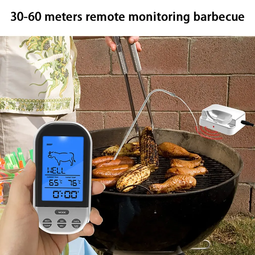 

Беспроводной цифровой термометр для мяса, кухонный прибор для приготовления барбекю, гриля, духовки, с таймером и будильником