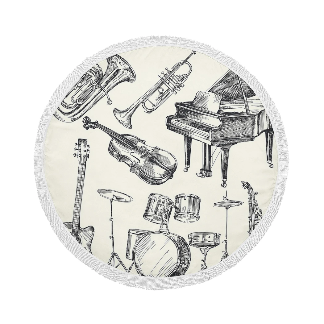 

Musical Instruments Beach Towel Sketch Piano Violin Microfiber Bath Towel Cartoon Instrument Compressed Large Round Beach Towel