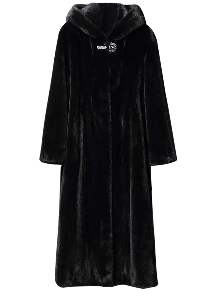 Зимнее удлиненное черное толстое теплое женское пальто из искусственной норки с