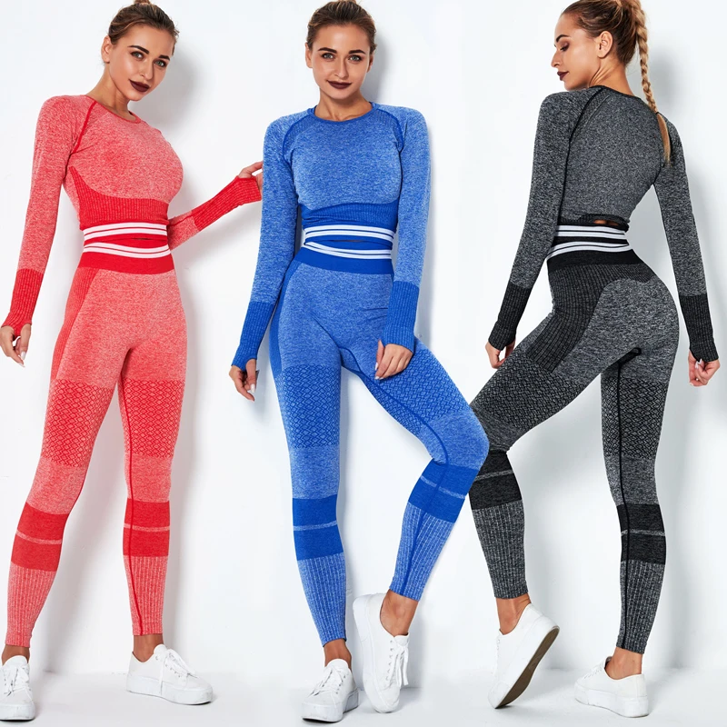 

Женская Йога Спортивный комплект из двух предметов, костюм, спортивная одежда, 2 шт. бесшовные высокой талией фитнес кроп топ с длинными рука...