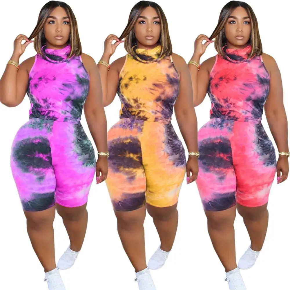 

2PCS Women Sports Tie Dyeing Print Tops High Waist Biker Shorts Pants Workout Clothes Tracksuit Outfit Casual 2 Piece Set 2020