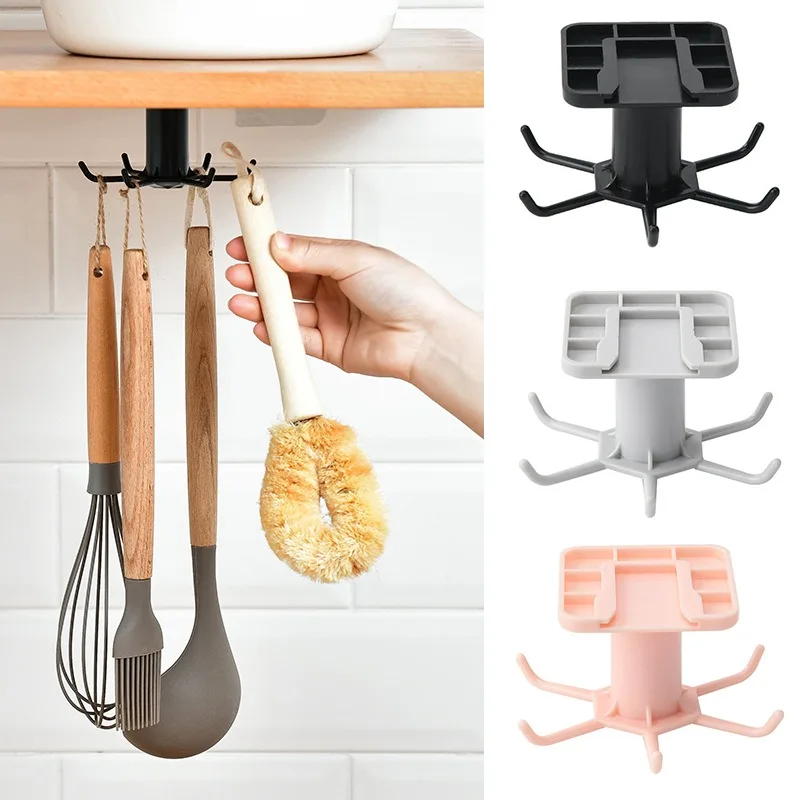 

360 Degrees Rotated Kitchen Hooks Self Adhesive 6 Hooks Home Wall shelf Door Hook Handbag Clothes Ties Bag Hanger Hanging Rack