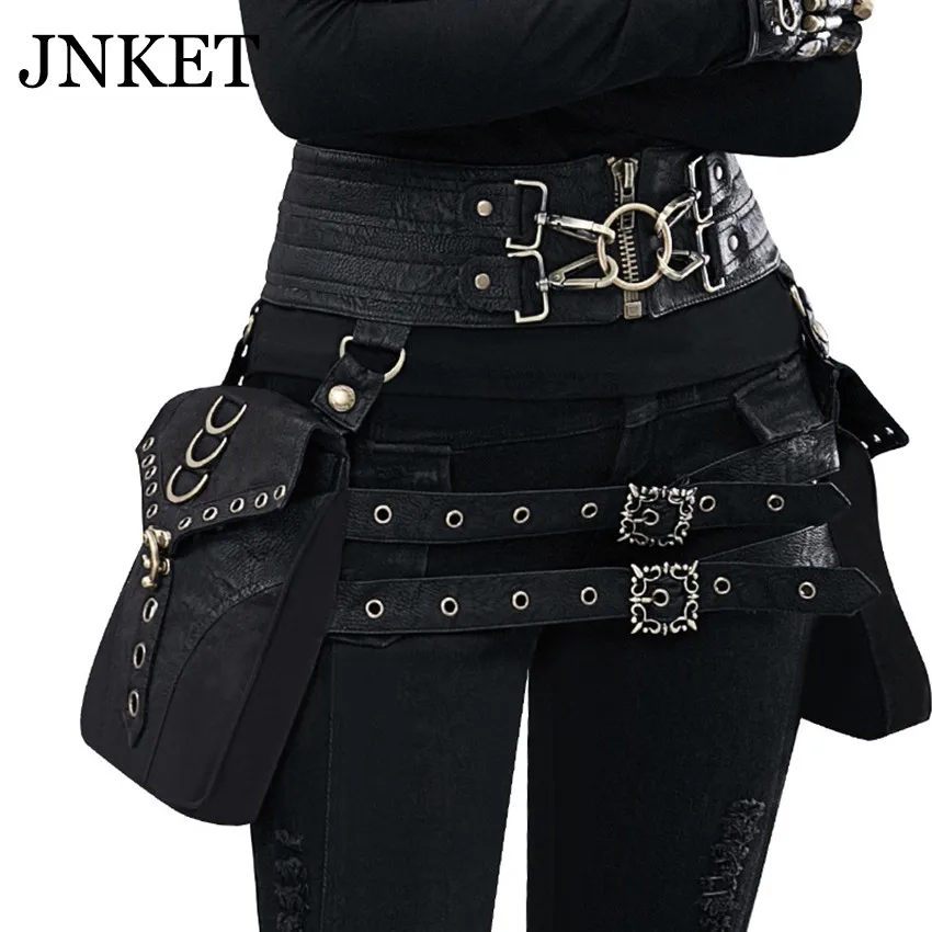 JNKET New Women Steam Punk Waist Bag Retro Multifunction Belt Bag PU Leather Waist Pouch Waist Pack