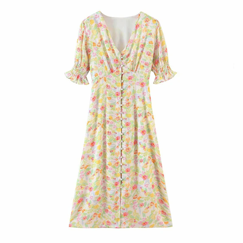 

Женское однобортное платье для отпуска, повседневное облегающее платье с V-образным вырезом, Расклешенным рукавом, бантом на поясе и цветоч...