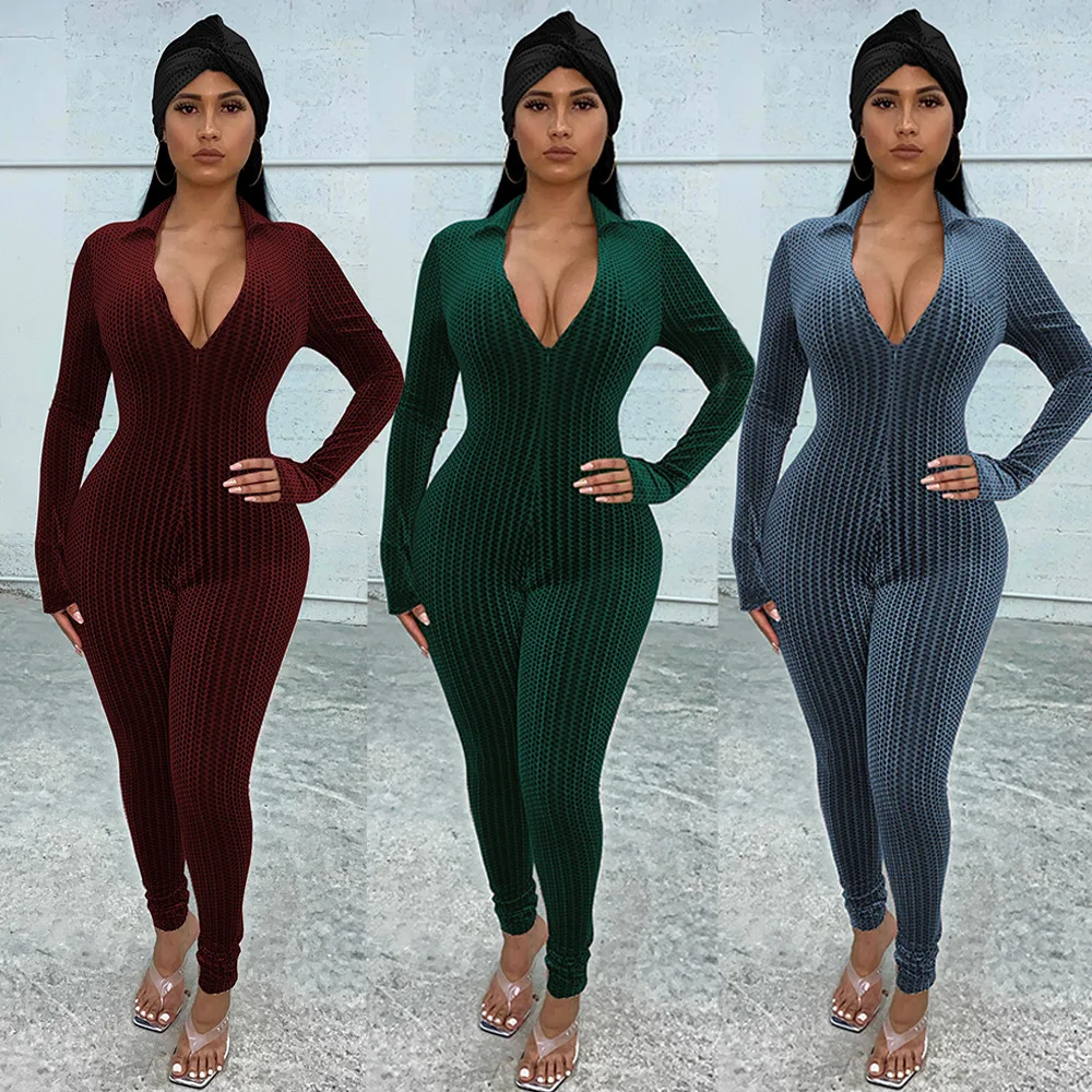 

New Style Women’s Striped Print Jumpsuit V-Neck Zipper Velvet Long Sleeve Tights Jumpsuits Autumn Clothes