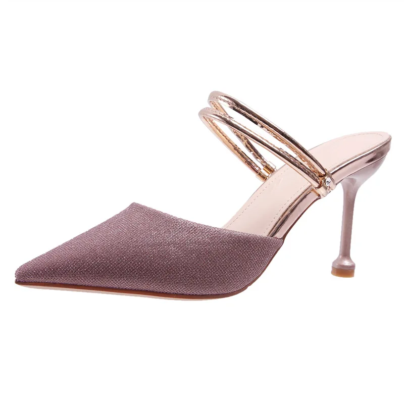 

2019 new high heeled shoes with thin heels, one two and a half slippers, pointed sandals, and fairy shoes