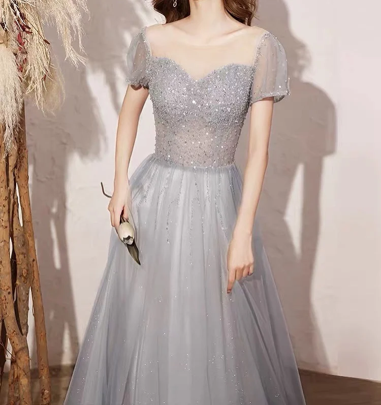 Роскошные блестящие длинные кружевные платья с круглым вырезом и блестками