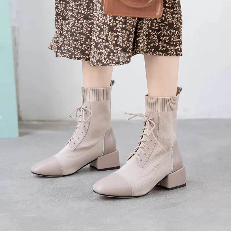 

MEMUNIA 2020 hot sale ankle boots women autumn winter genuine leather shoes lace up square heels simple casual shoes woman