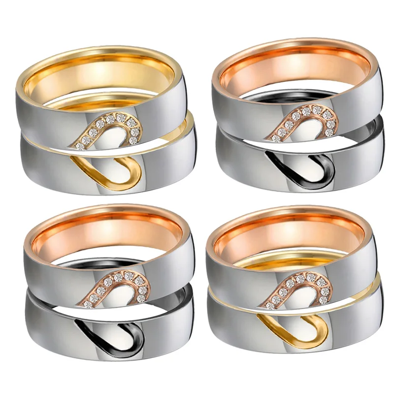 

Shiny Lover's Heart Proposal Promise Wedding Rings Couple Sets for Men Women Western 14k gold plated stainless steel jewelry