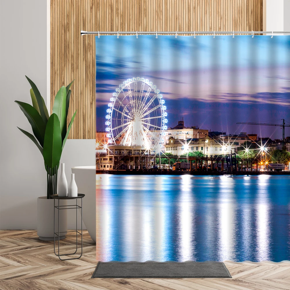 

Landscape Shower Curtains Bathroom 3D City Night Scene Bathtub Home Accessories Waterproof Polyester Curtain Backdrop Decoration