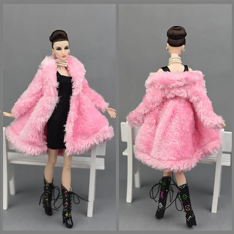 

Pink Cute Winter Wear Warm Fur Long Coat For Barbie Dolls Fur Doll Clothing Dress Clothes For 1/6 BJD Doll Accessories Kids Toy