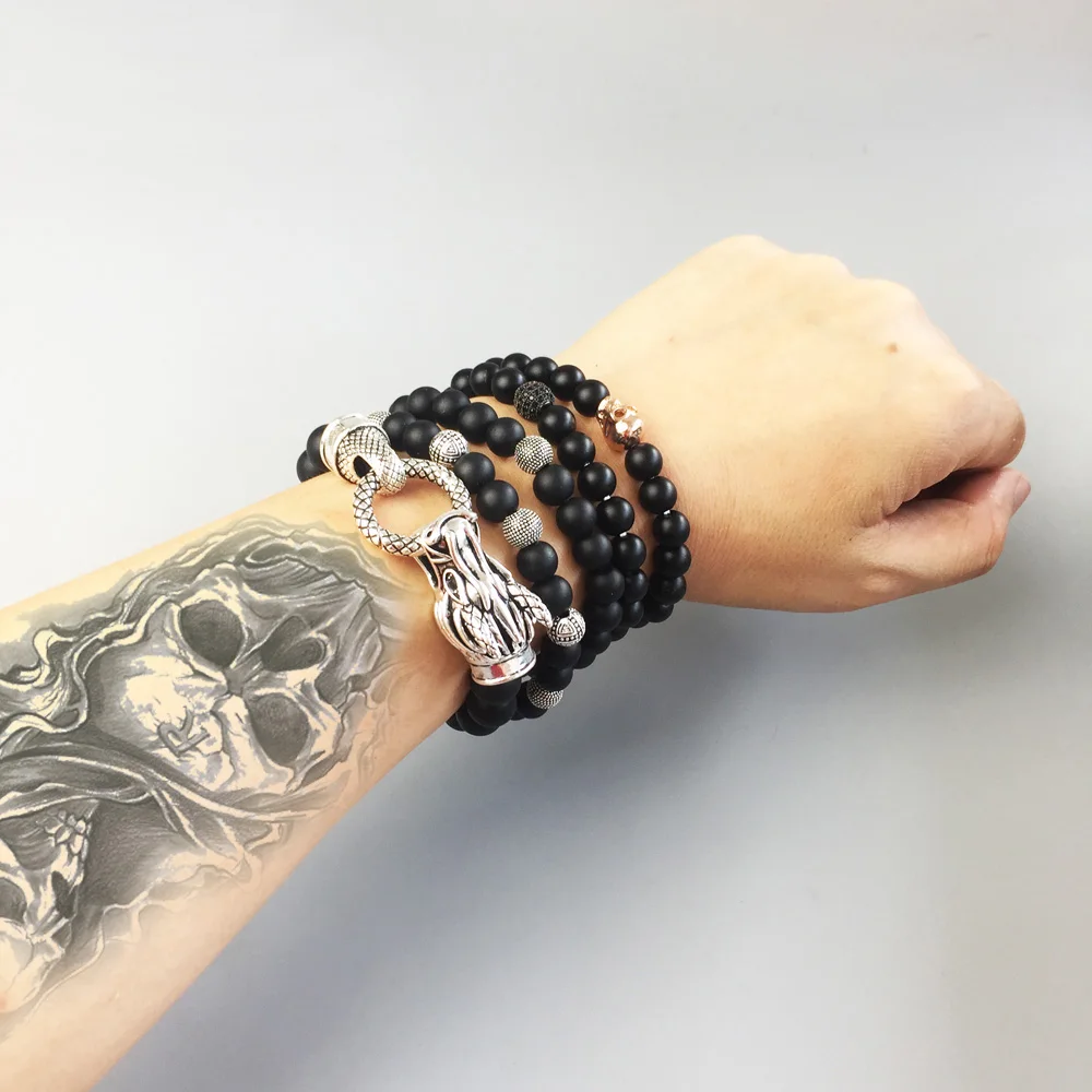 Бусины в виде головы дракона браслеты из черного натурального обсидиана 925 пробы