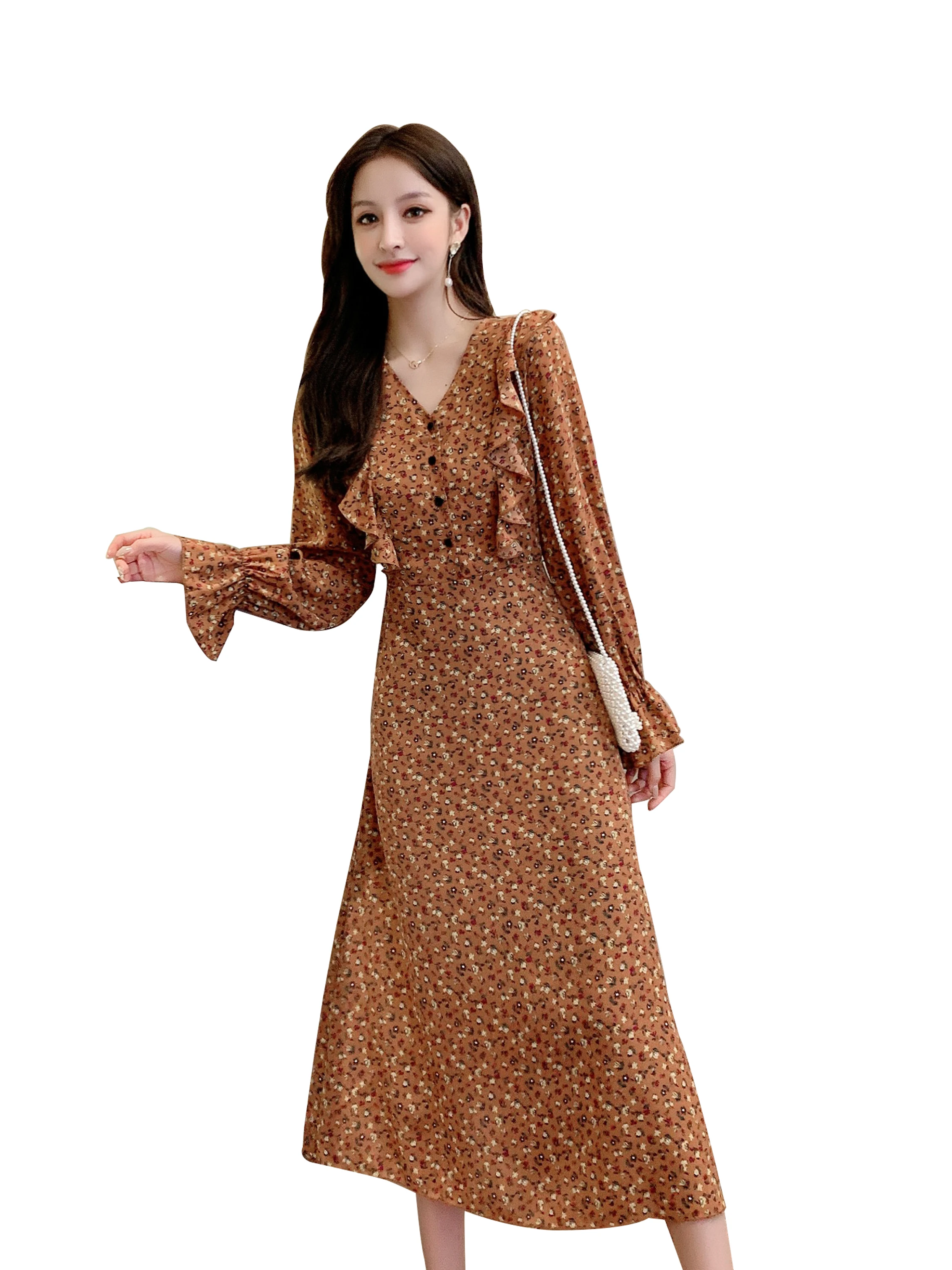 

2020 Spring Elegant V-neck Ruffles Women Dress Full Sleeve Slim Waist Female Floral Print Chiffon Party Dress Midi Vestidos