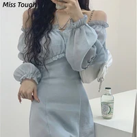autumn solid elegant dress women korean princess high waist casual sweet dress female party long sleeve mini fairy dress 2021