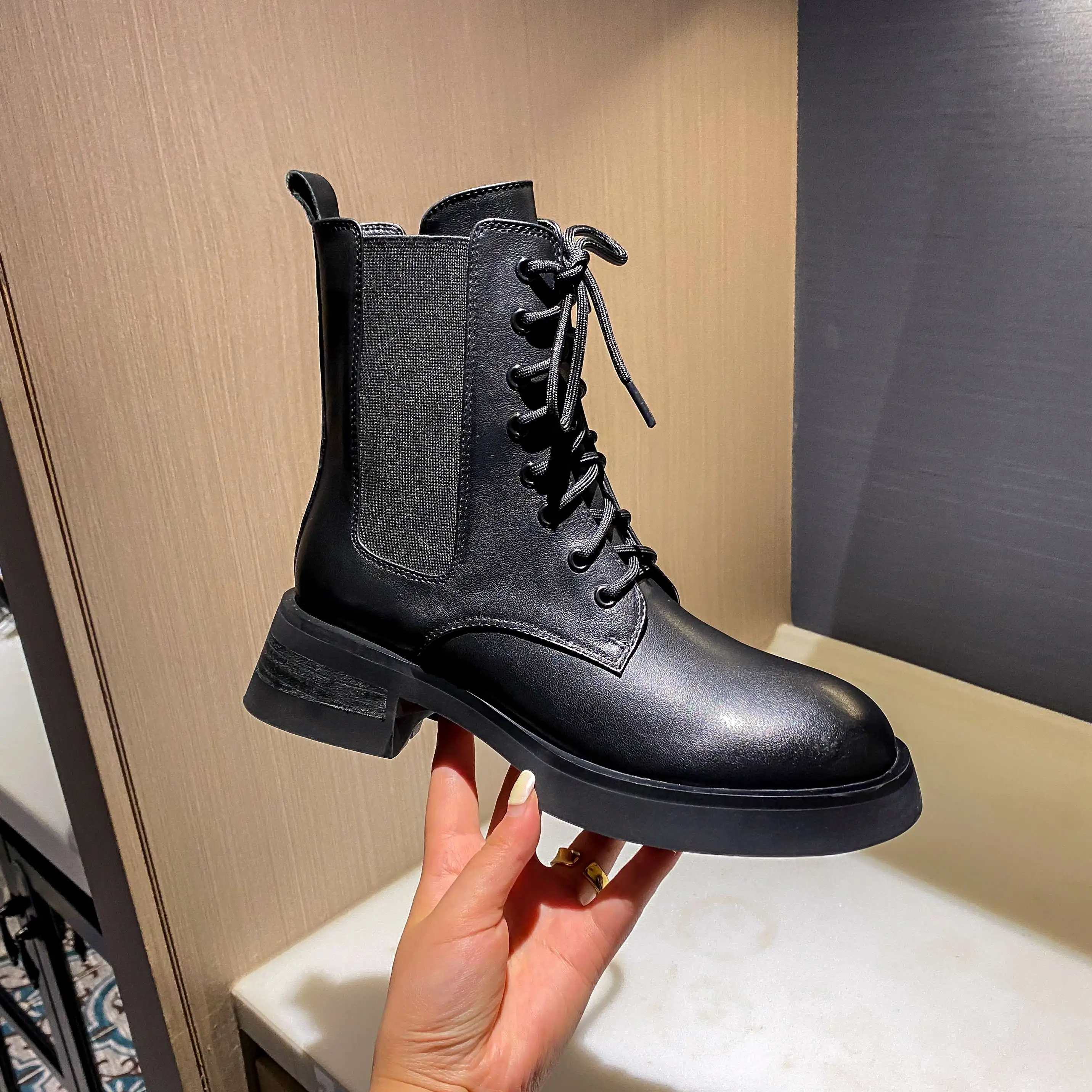 

Krazing Pot split leather round toe high heel riding boots handsome British style young lady daily wear lace up ankle boots L97