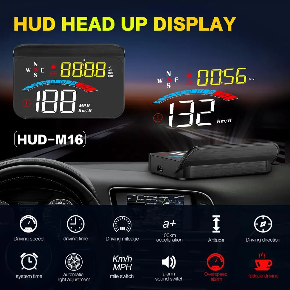 $163.51 M16 Head Up Display Car GPS Gauge Digital Speedometer Windshield Speed Projector Compass Voltage KM/h MPH for All Cars Hot Sales