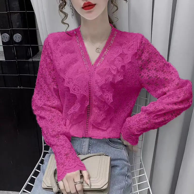 

New spring V-neck Ruffle Embroidery Flower hollow out Lantern Sleeve Top for women 2021