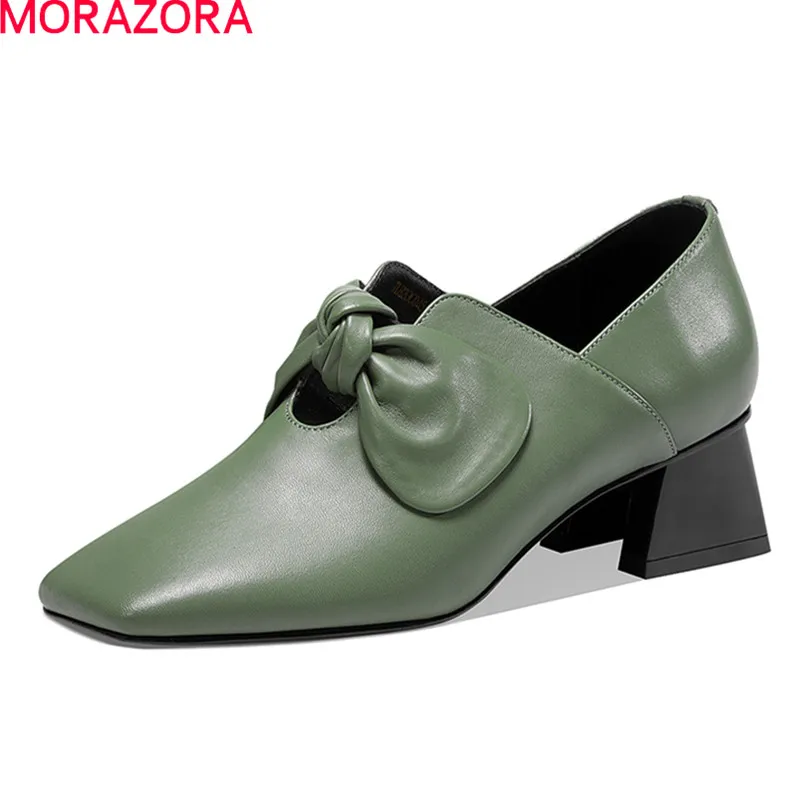 

MORAZORA 2021 High Quality Women Pumps Genuine Leather Ladies Sweet Casual Shoes Fashion Bowknot Single Shoes Black