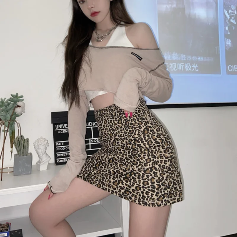 

Summer Skirts Women Leopard Mini Sexy High Waist Club Korean Style Slim Hip-skirt A-line Ulzzang Retro Ladies Skirt Leisure Chic