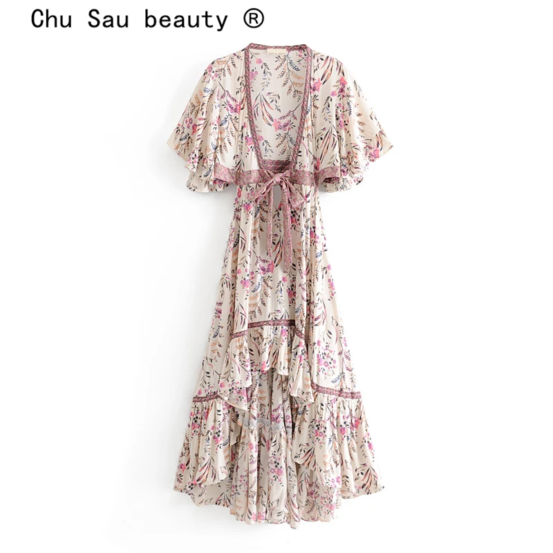 Boho шикарное летнее винтажное асимметричное женское платье с цветочным принтом Новая мода открытая спина с поясом пляжные платья Vestido Mujer