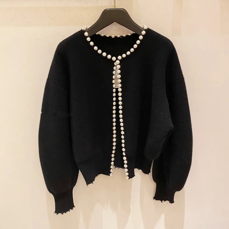 

New Fashion Korean Coat Pearl Open Flapped Batwing Sleeve Wool Knitted Retro Ladies Jacket High Quality Jacket 2021 Women