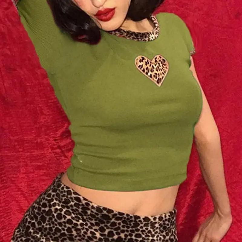 

MoneRffi Heart Embroidery Y2K Brown Crop Tops Women Vintage Casual Patchwork Leopard Tshirts Harajuku Aesthetic 90s Tees Tops