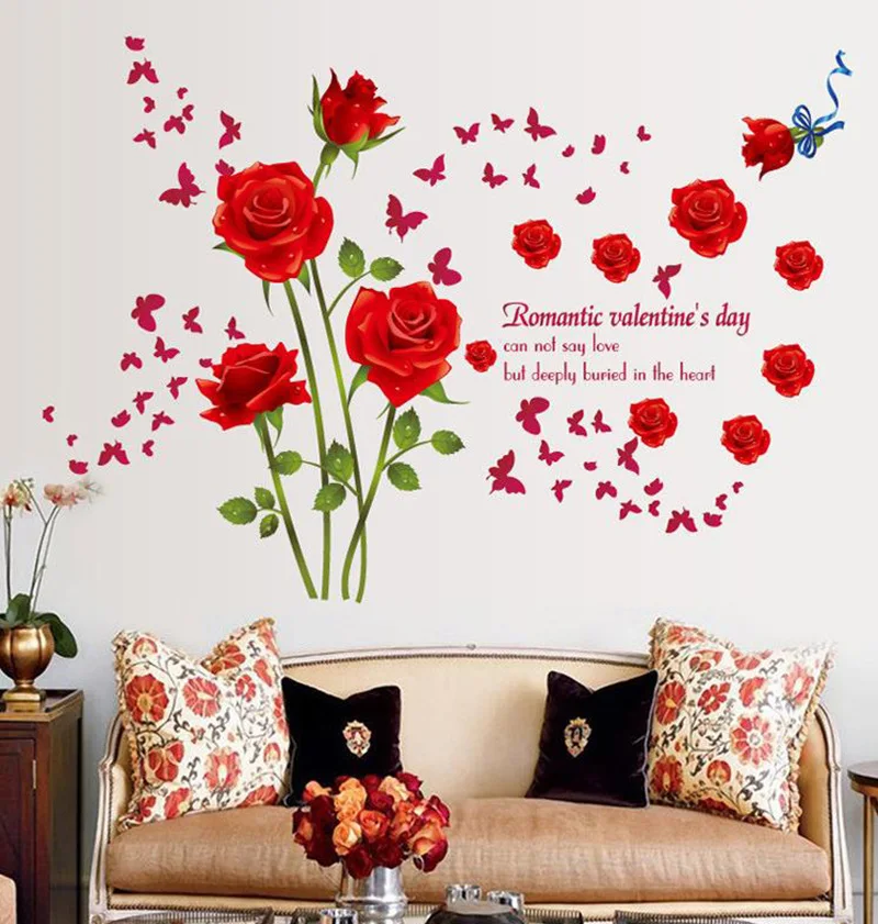 

Red Roses Wall Stickers Living Room couple Bedroom home decoration art decals flowers murals sofa background