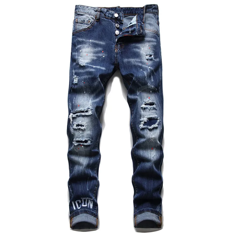 

Men's Jeans New Europe Italy Brand Boutique Fashion Casual Men's Straight Pants Embroidery Holes Stretch Slim Denim Trousers
