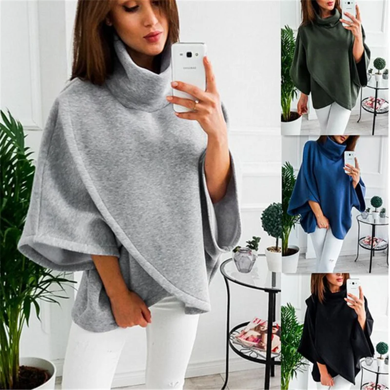 

2022 Fashion Women High Neck Batwing Crossed Poncho Winter Warm Coat Cloak Cape Solid Color Batwing Sleeve Thermal Hoodie худи