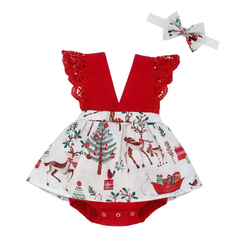 

0-24M Christmas Baby Girl Romper Newborn Infant Girl V neck Cartoon Lace Ruffles Rompers Jumpsuit Headband Xmas Baby Girl Outfit